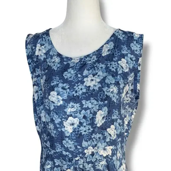 Vintage 90s Blue Floral Midi Dress Sleeveless Rayon A Line Medium Romantic - Picture 4 of 14